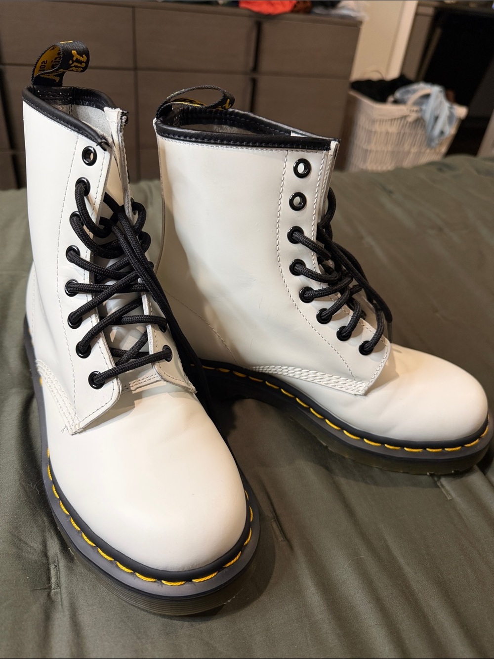 Dr. Martens White Leather Lace-Up Combat Boots with Black Trim